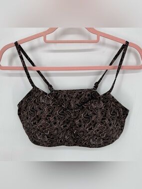 Crane Brown Abstract Print Ruched Bikini Top Size Large Y2K Boho Earthy Beach